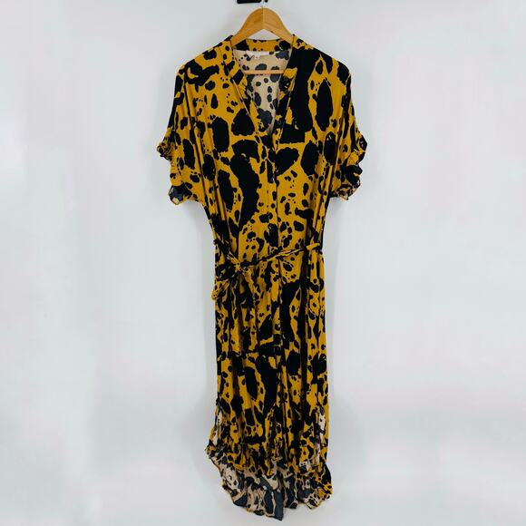 Corey Lynn Calter Cow Print Midi Dress Mustard Black Belted Ruffle Hem L Large - Picture 1 of 13